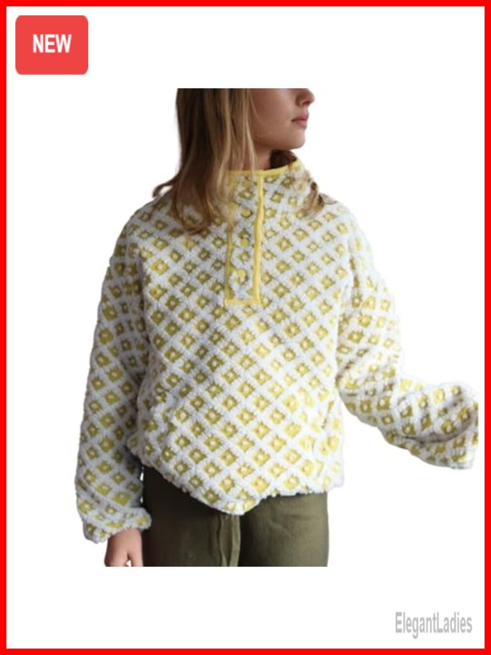 Fleece Checkered Sweatshirt Long Sleeve High Neck Sherpa Pullover Pocket